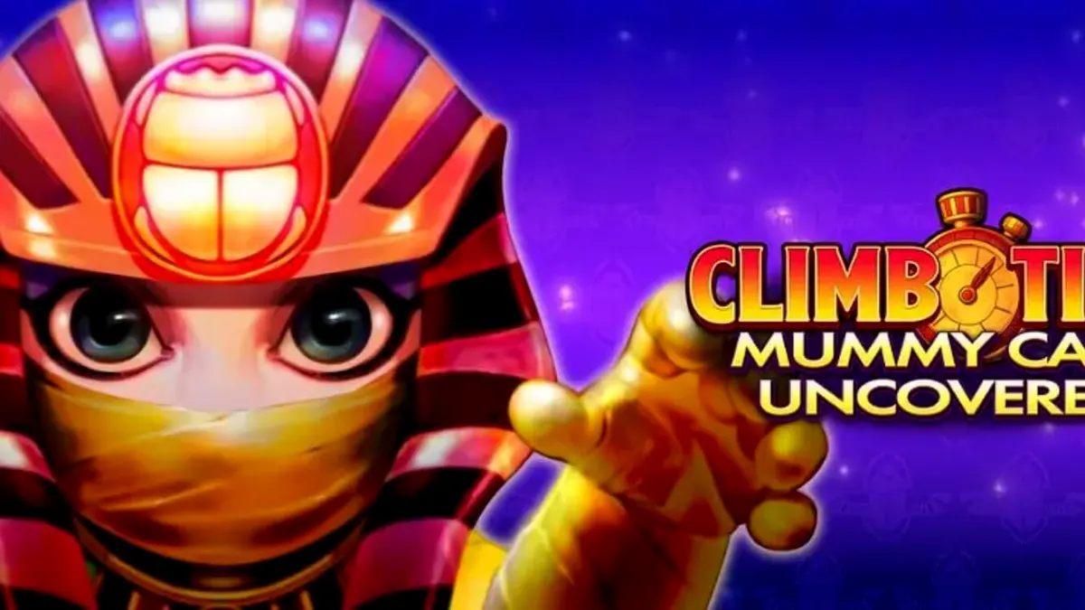 Tampilan visual slot Climb Time Mummy Cash Uncovered dengan latar belakang malam Mesir