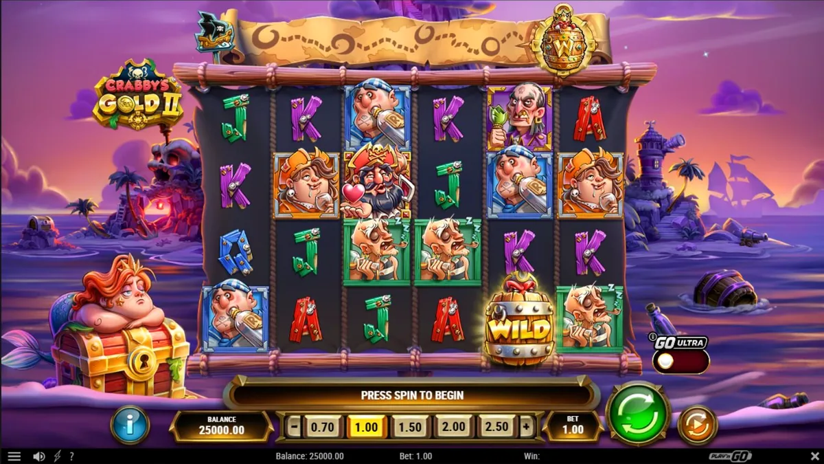 Tampilan visual slot Crabby’s Gold 2 dengan tema bajak laut dan kepiting kapten.