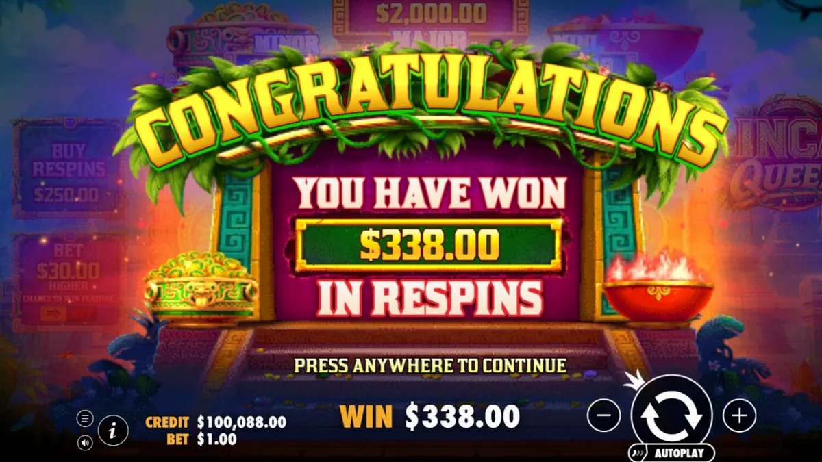 Inca Queen slot machine interface with golden coins and ancient temple background